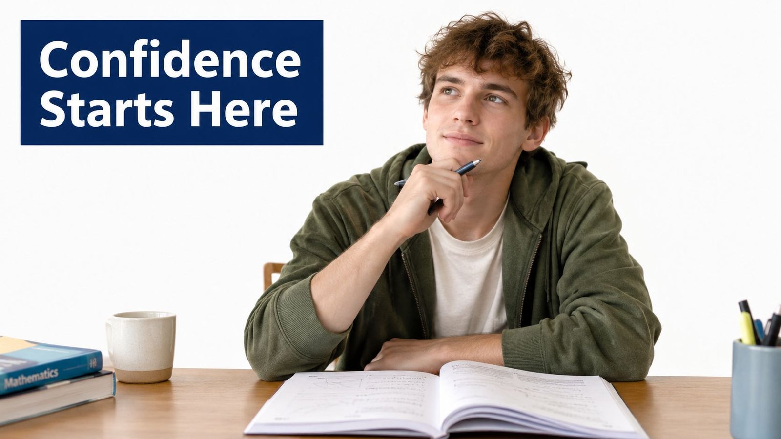 A young male student sits at a desk studying with a textbook while looking up thoughtfully.