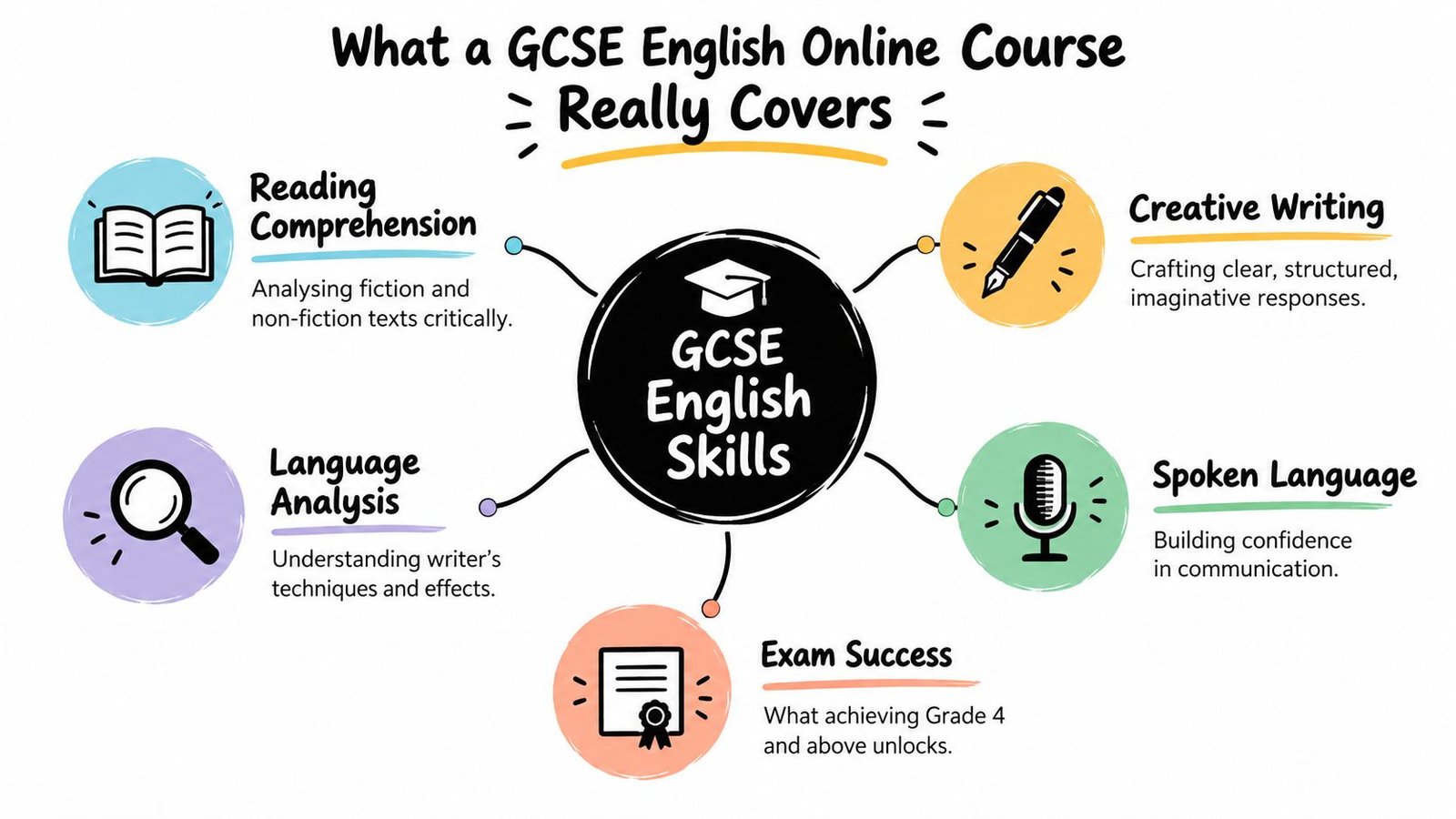 An infographic showing the five core skills covered in a GCSE English online course curriculum.