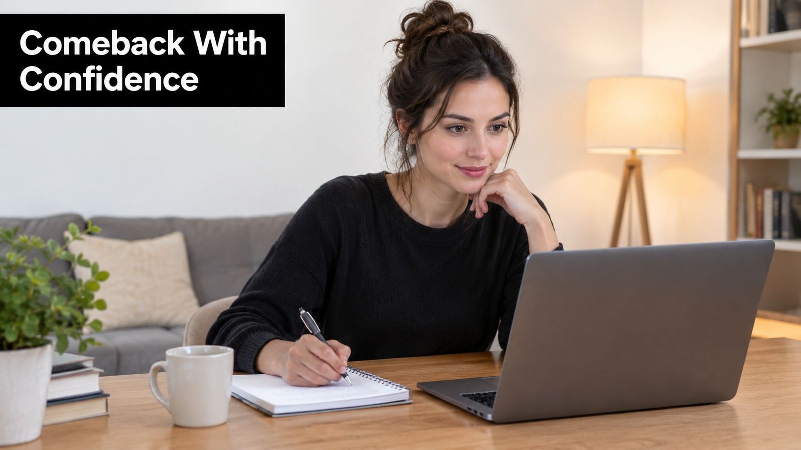 A young woman sits at a wooden desk with a laptop, smiling while taking notes in a notebook.