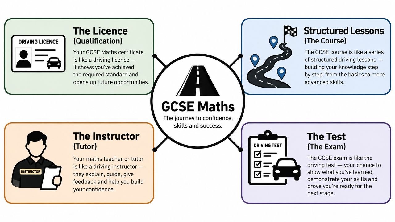 A diagram illustrating the GCSE Maths journey as a series of steps similar to learning to drive.