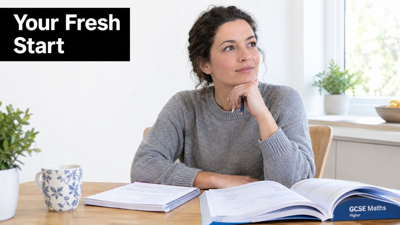 A woman sitting at a desk thoughtfully looking away while studying for a GCSE Maths exam.