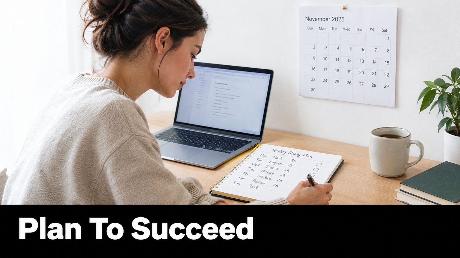 A woman studying at her desk with a laptop, planner, and a November 2025 wall calendar.
