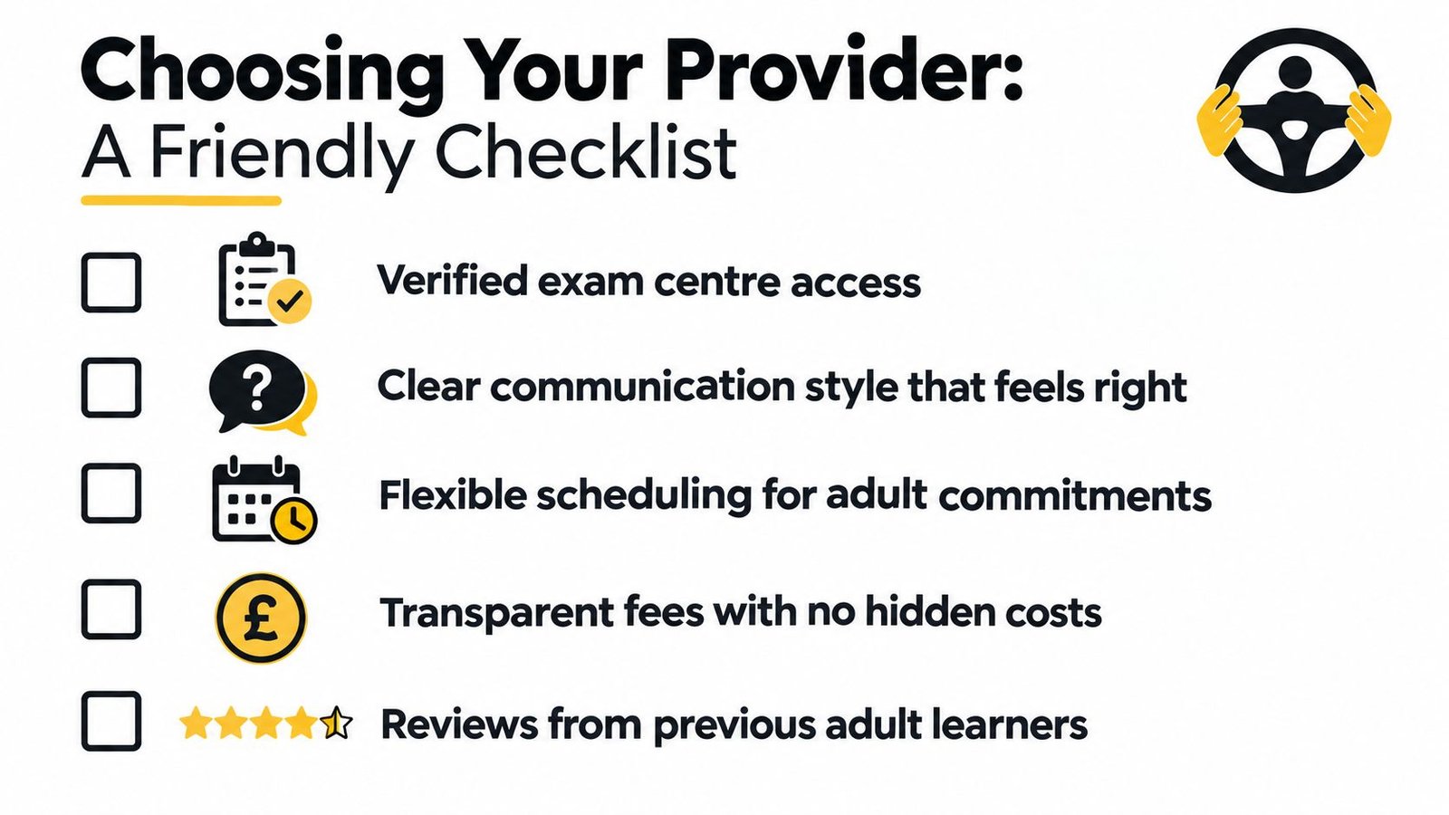 A checklist infographic titled Choosing Your Provider, detailing five essential factors for adult learners to consider.