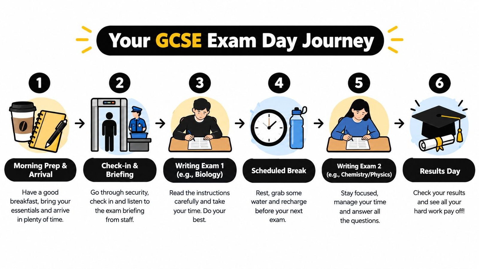 A visual guide outlining the six stages of the GCSE exam day journey for students.