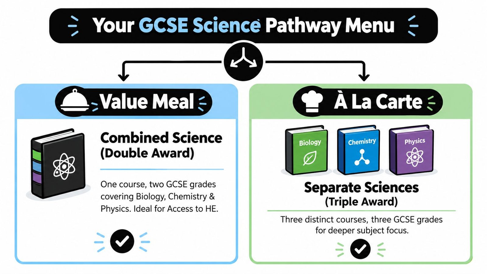 A visual guide comparing Combined Science and Separate Sciences GCSE pathways for students choosing their science education.