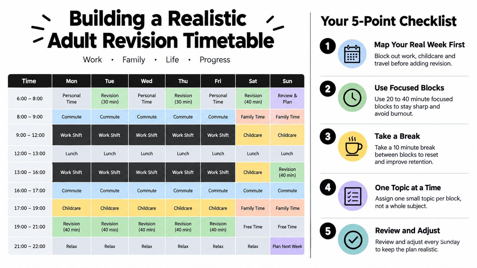 A weekly revision timetable chart for adults balancing work, family, and study, featuring a five-point checklist.