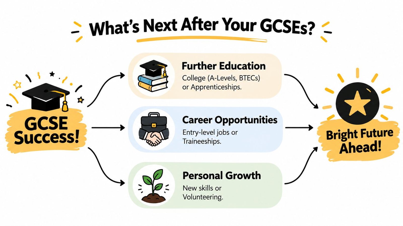 An infographic showing career, education, and personal growth paths available to students after completing their GCSE exams.