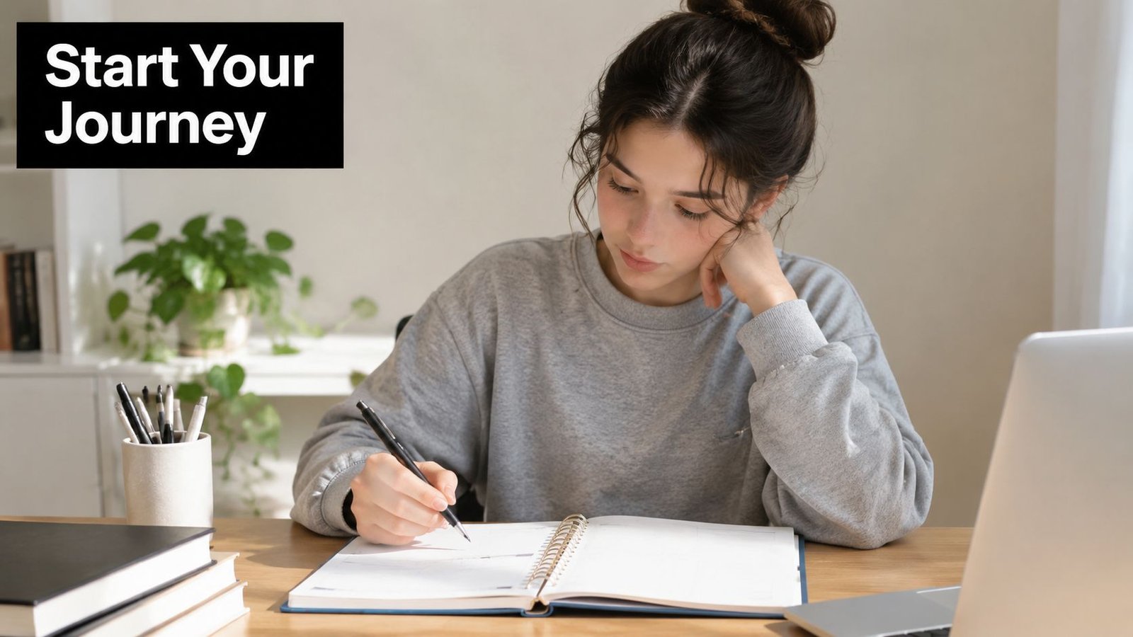 A young female student focuses on writing in her notebook while studying at a tidy desk