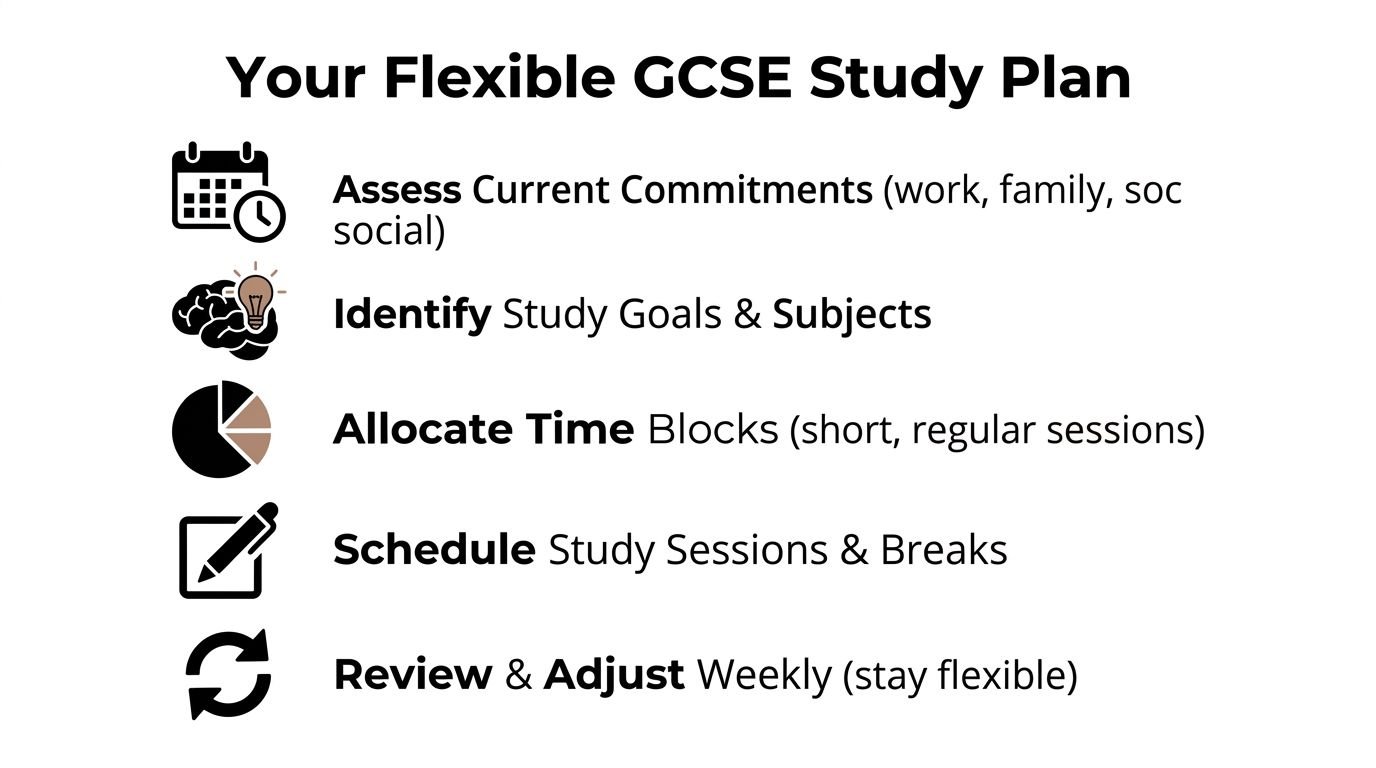 An infographic titled Your Flexible GCSE Study Plan listing five steps for effective exam preparation and scheduling.