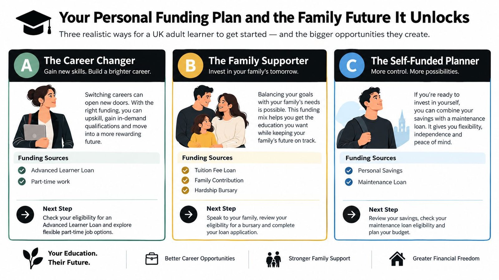 An infographic showing three funding strategies for UK adult learners: career changers, family supporters, and self-funded planners.