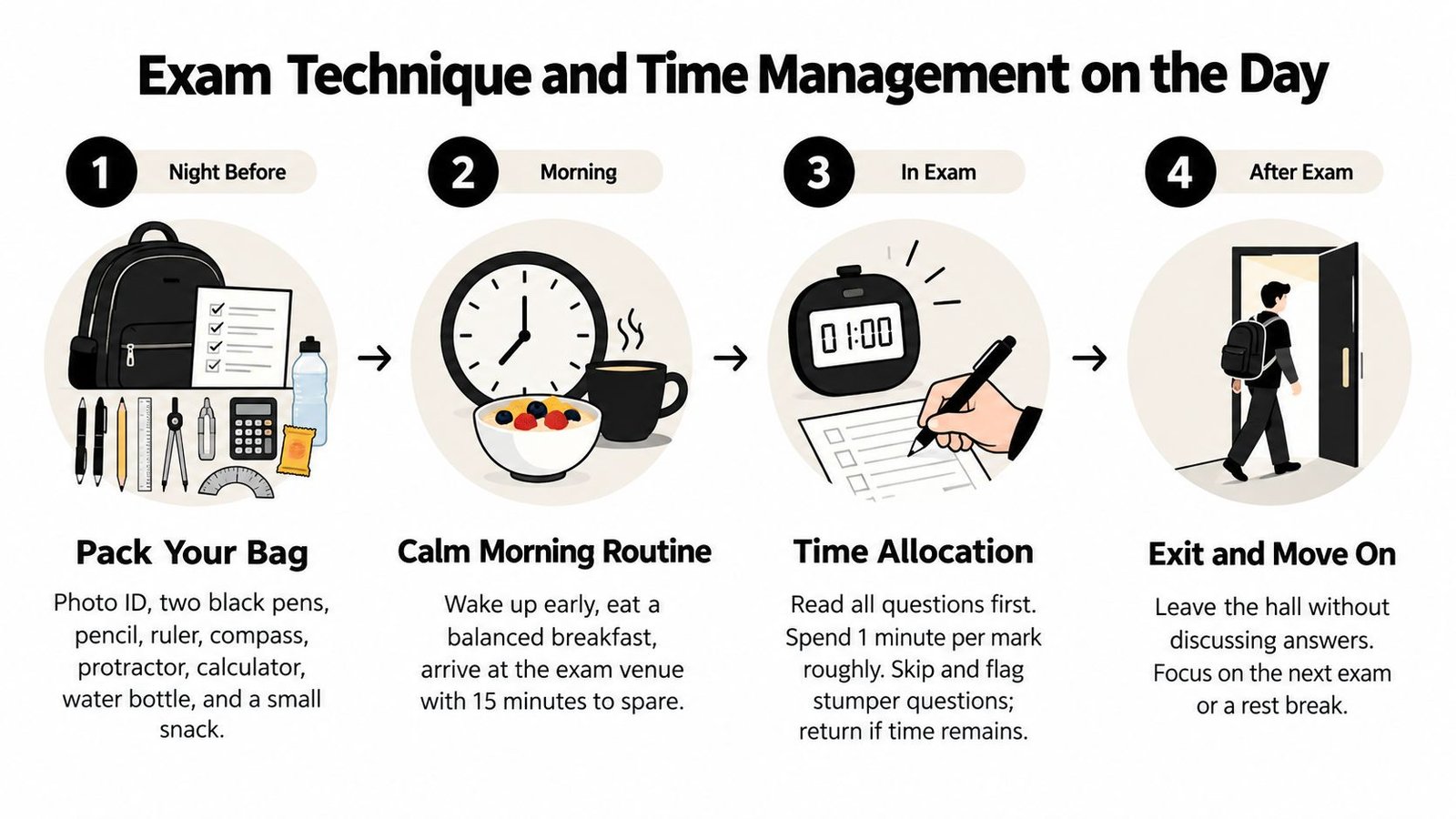 A four-step infographic illustrating exam day preparations, from packing a bag to managing time effectively during exams.