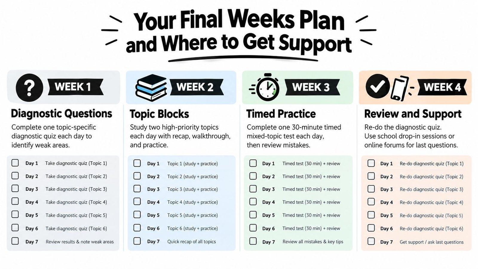 A four-week revision plan infographic for students, outlining daily tasks to prepare for upcoming examinations.