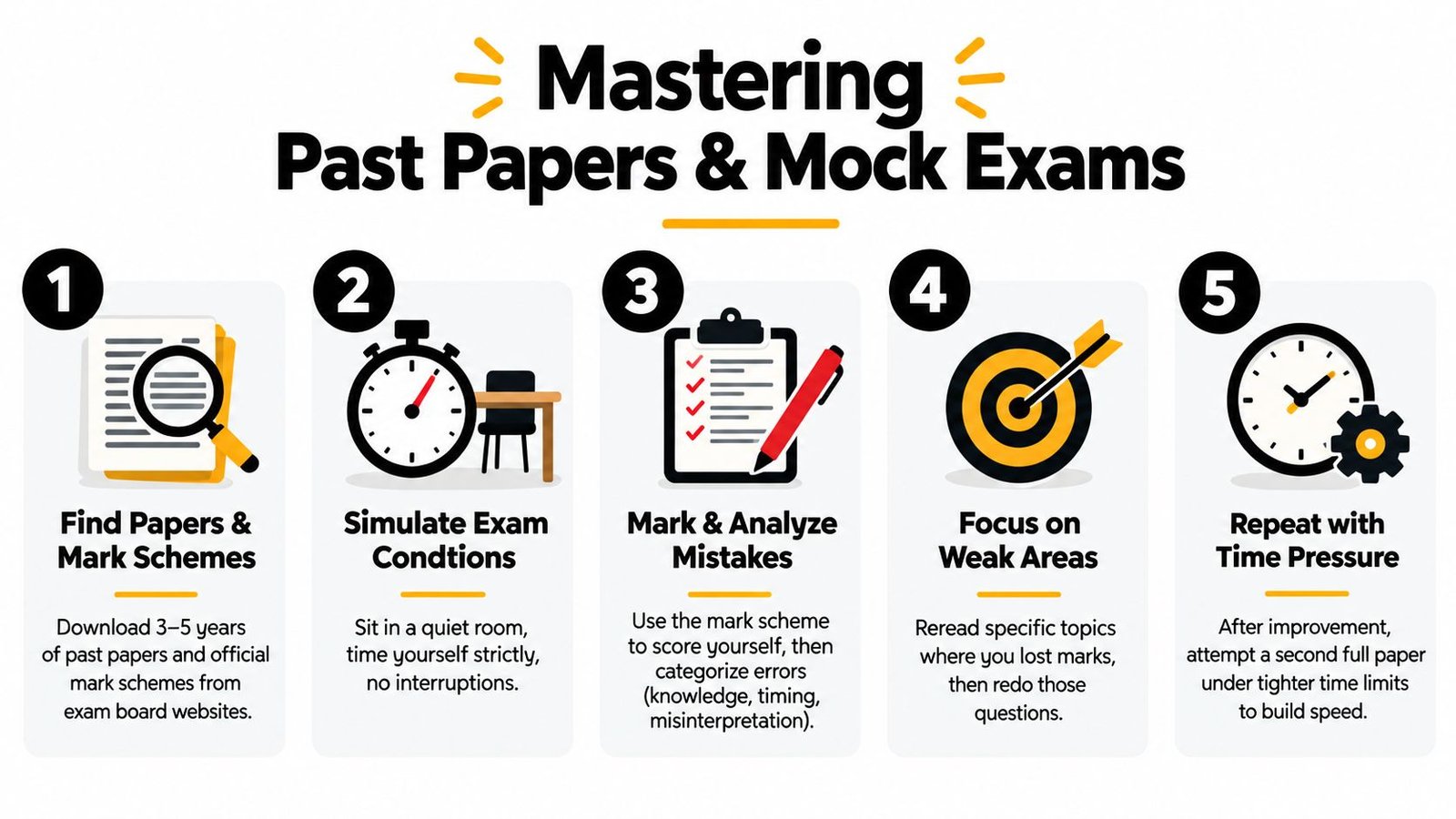 A five-step infographic guide on how to master past papers and mock exams for effective revision.