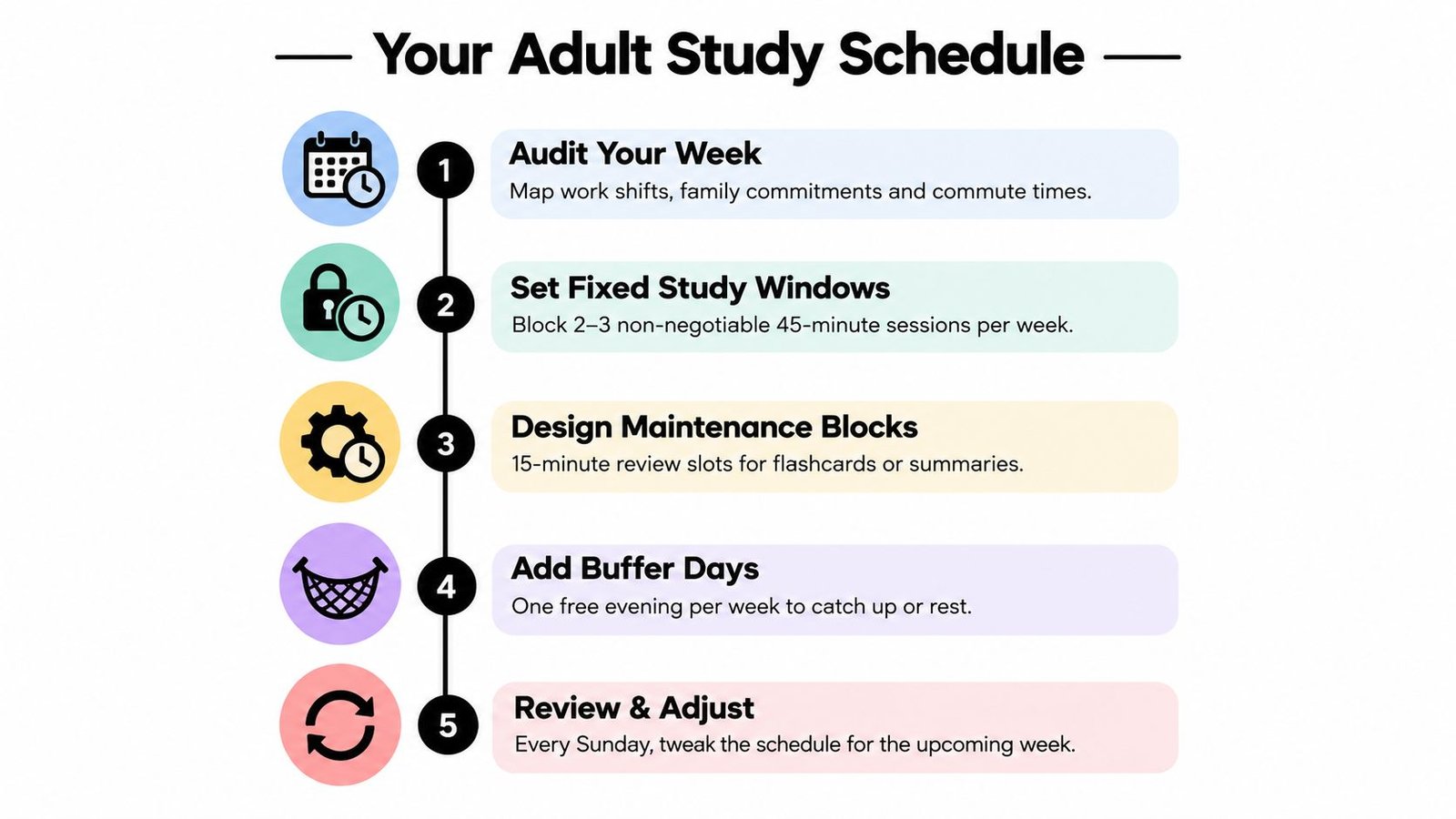 A numbered list infographic outlining five steps for creating an effective adult study schedule and routine.