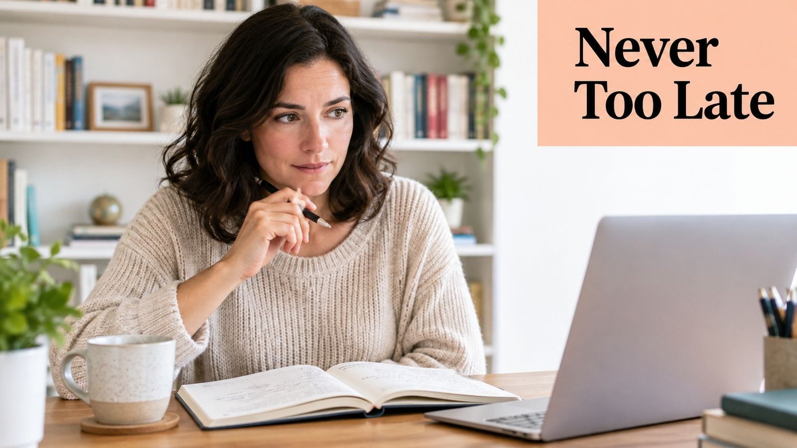 A focused woman studying while sitting at a wooden desk with a notebook and a laptop.
