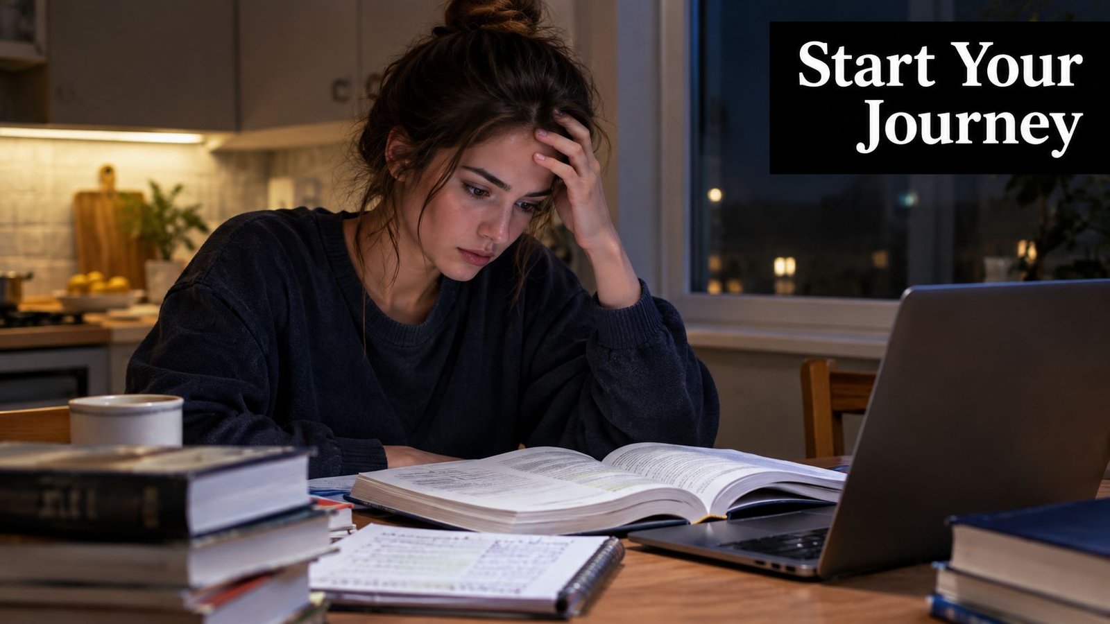A young woman looks stressed while studying with textbooks, notes, and a laptop at a wooden table.