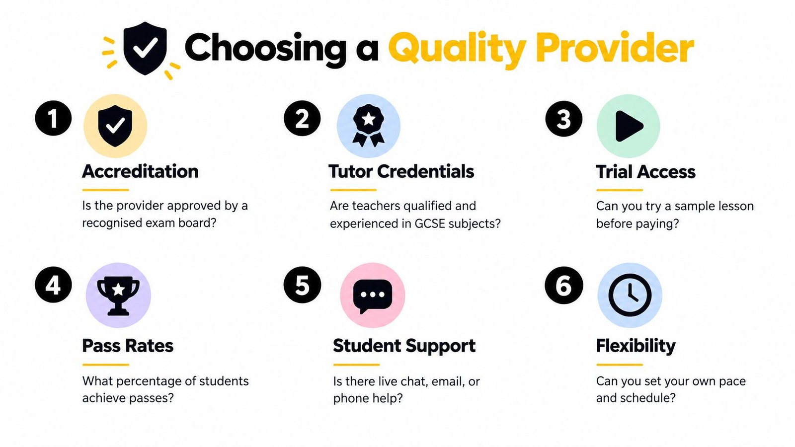 An infographic titled Choosing a Quality Provider listing six essential factors for selecting an educational service.