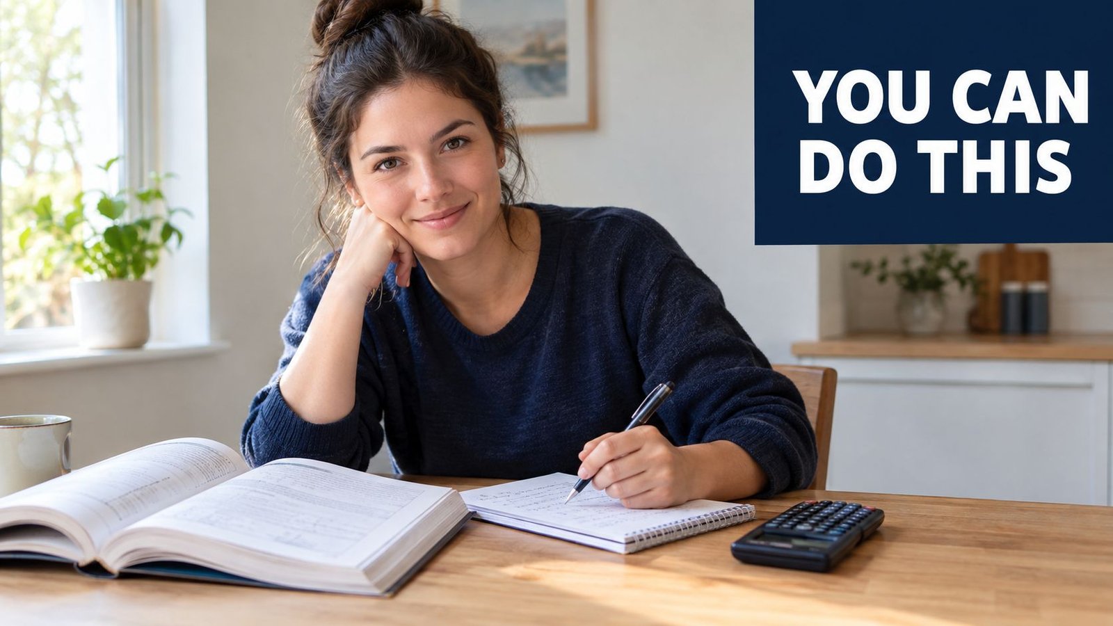 A young woman sits at a wooden table, studying with a book, notebook, and calculator.