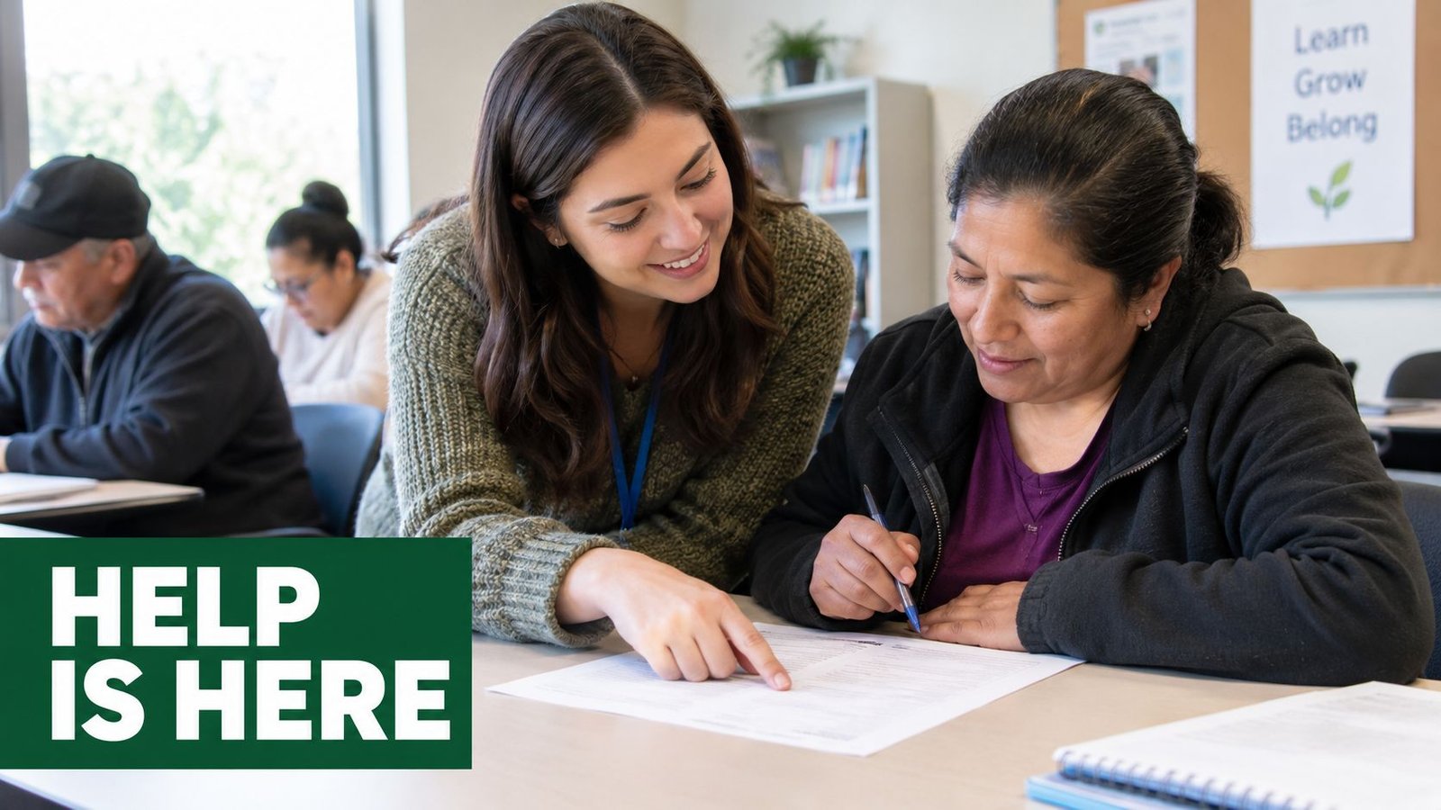 A friendly tutor helps an adult student with her paperwork at a desk in a classroom.