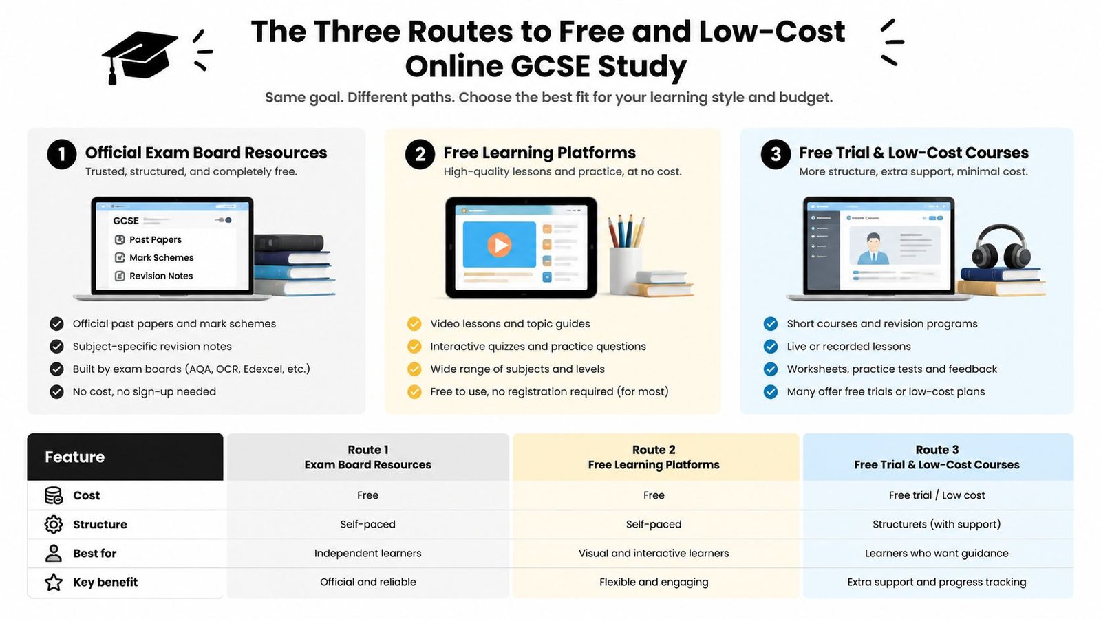 A comparison chart outlining three routes for free and low-cost online GCSE study options for students.