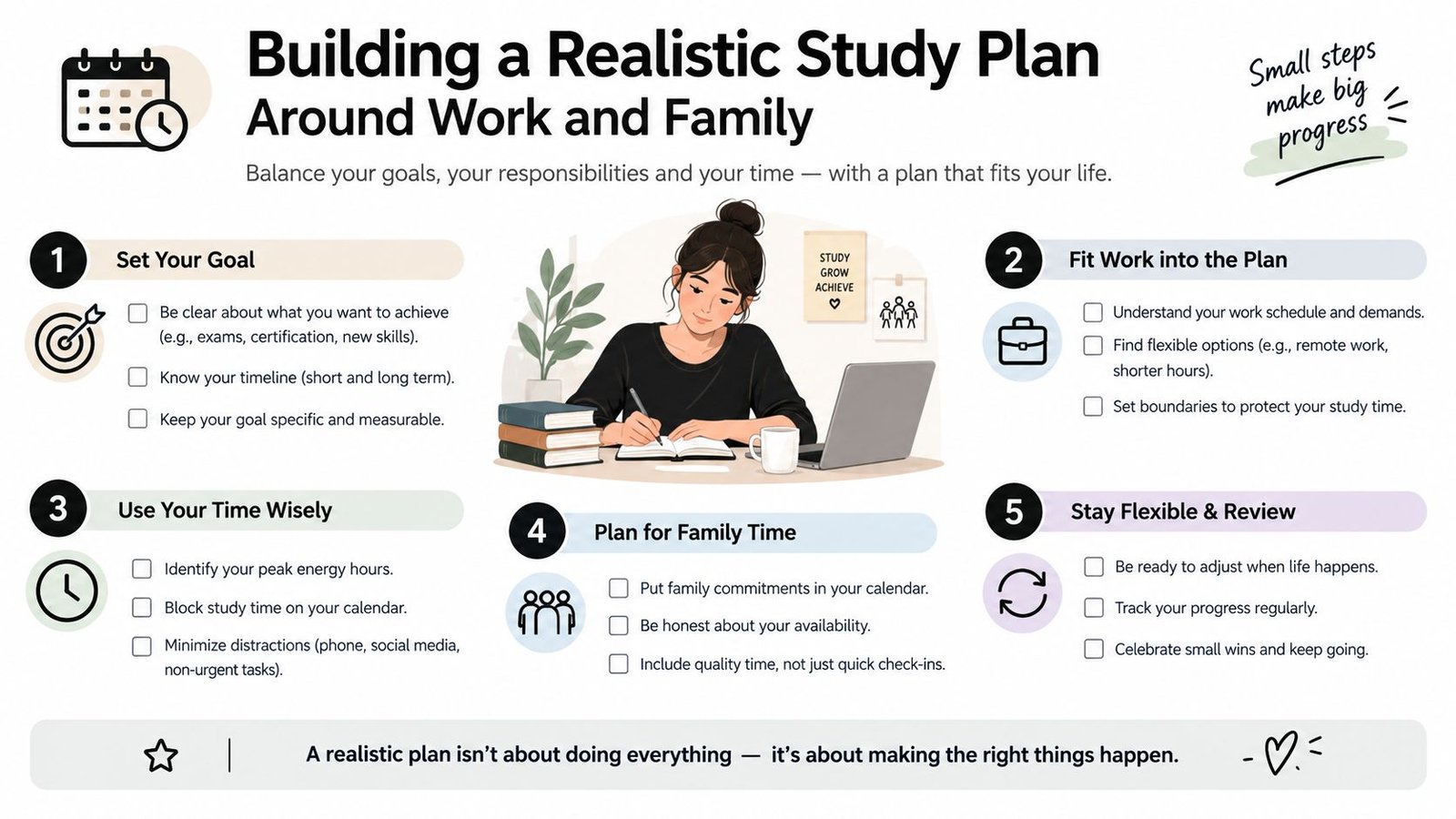 An infographic detailing five actionable steps for balancing study goals with full-time work and family responsibilities.