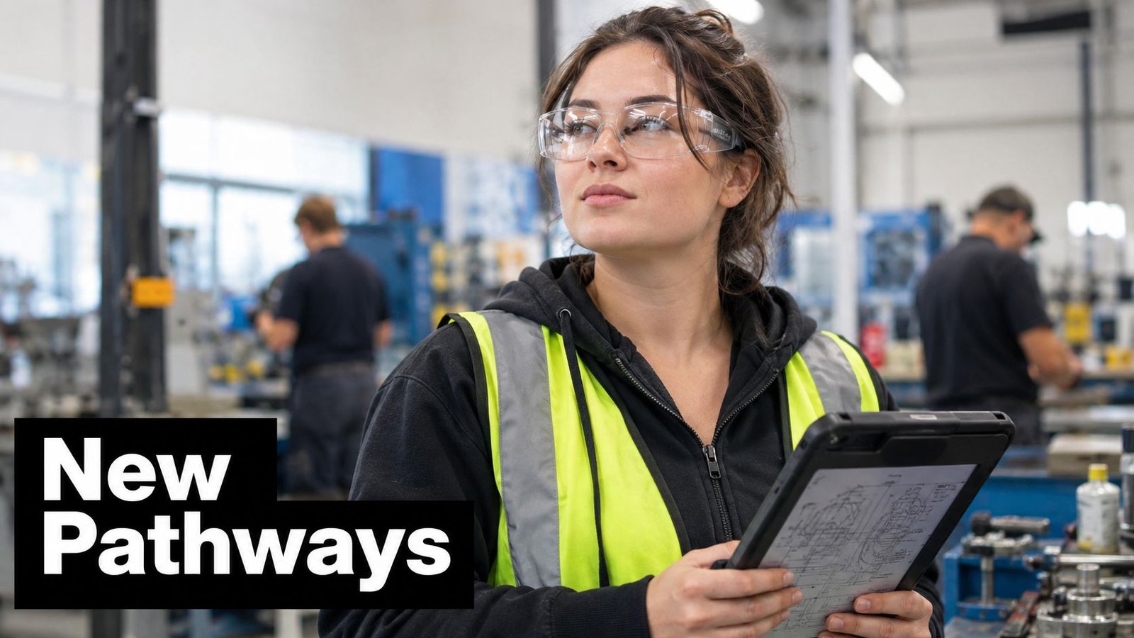 A woman working in a factory holding a tablet with technical drawings while wearing safety gear.